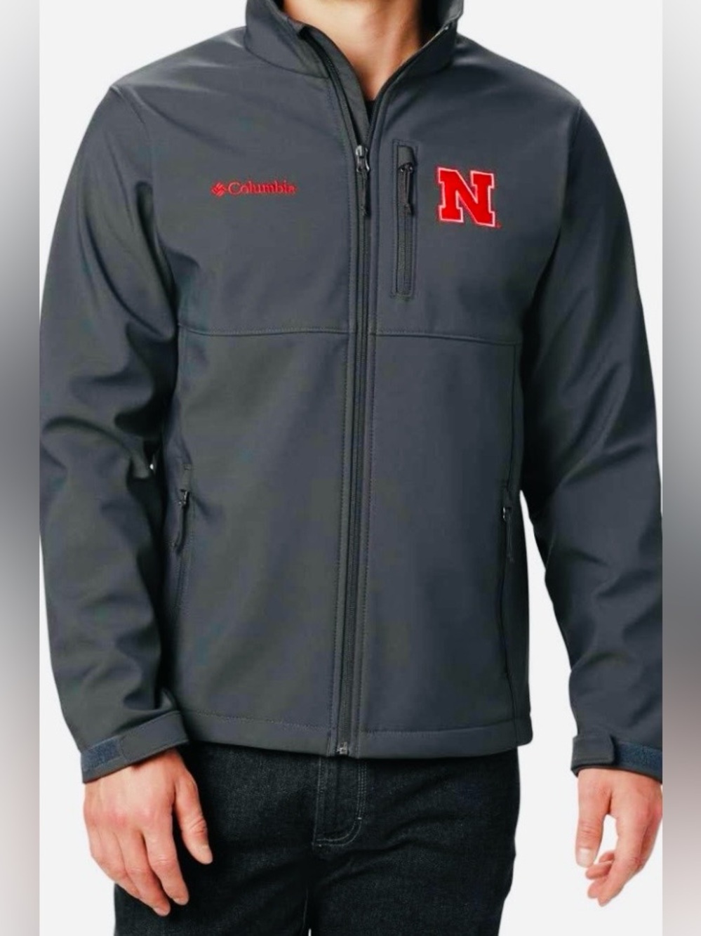 COLUMBIA, Men's Gray Softshell Jacket with Red Logo, Size Medium